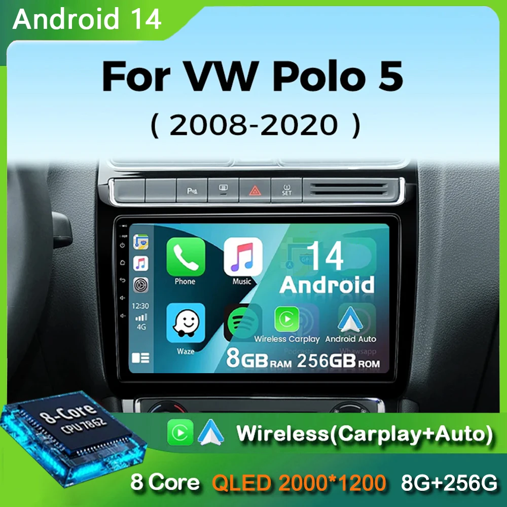 Автомагнитола для Volkswagen VW POLO Sedan 2008 - 2020 Android 14 Carplay с радио и навигацией GPS