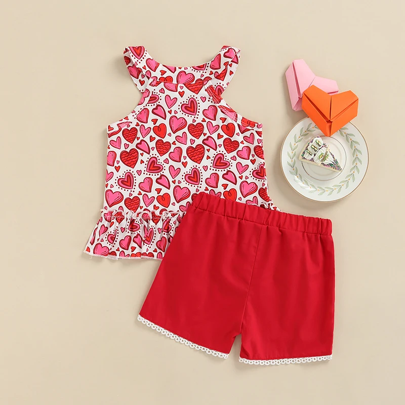 

Женская одежда из двух предметов, пуловер без рукавов с оборками и принтом сердечек + кружевные брюки средней длины