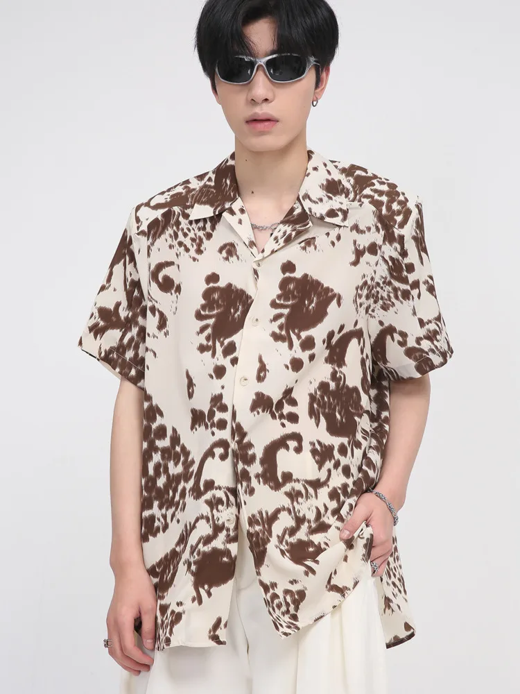 

SYUHGFA 2022 Summer Print Lapel Short Sleeve Shirt For Men Loose Fashion Style Tops Shoulder Pads T-shirt Men Clothing