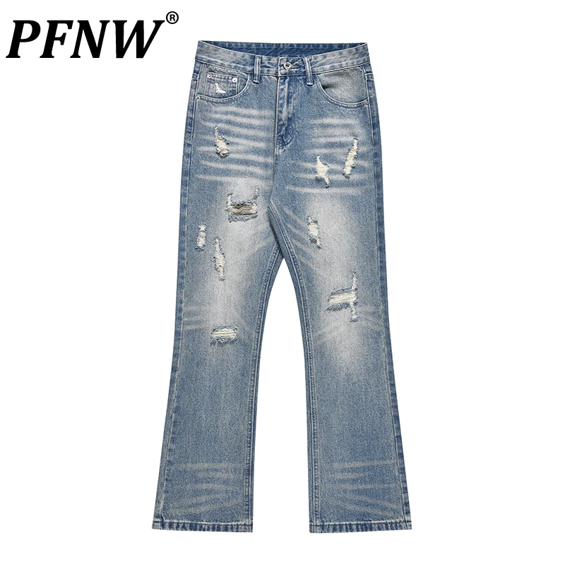 

PFNW Autumn Men's American Washable Jeans Fashion Worn Out Wearproof Personality Free Draping Zippers Flare Denim Pants 12Z1792