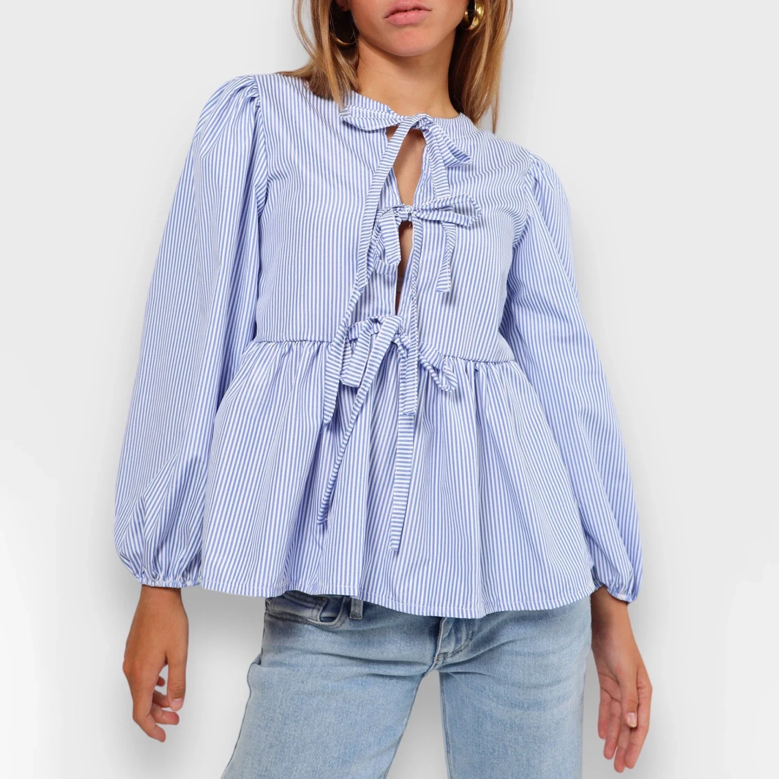 Женская Повседневная Блузка с рукавами-фонариками топ рубашка завязкой спереди