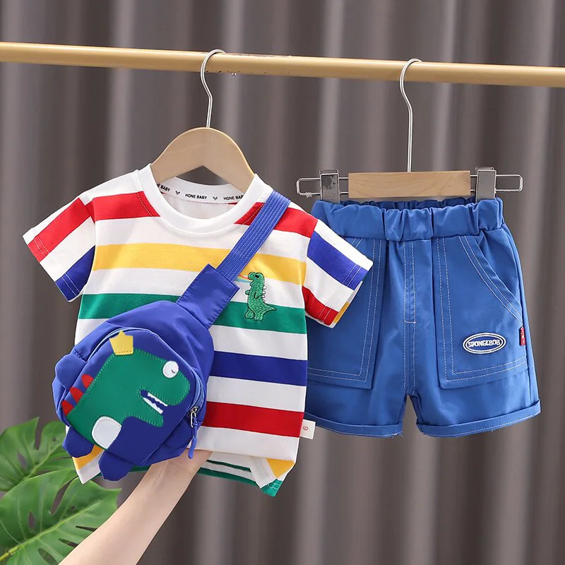 

Set New Tracksuits Summer Toddler Cute T-shirt+shorts+bag O-neck Girls Baby Cartoon Fashion Clothes Children Boys Kids Dinosaur