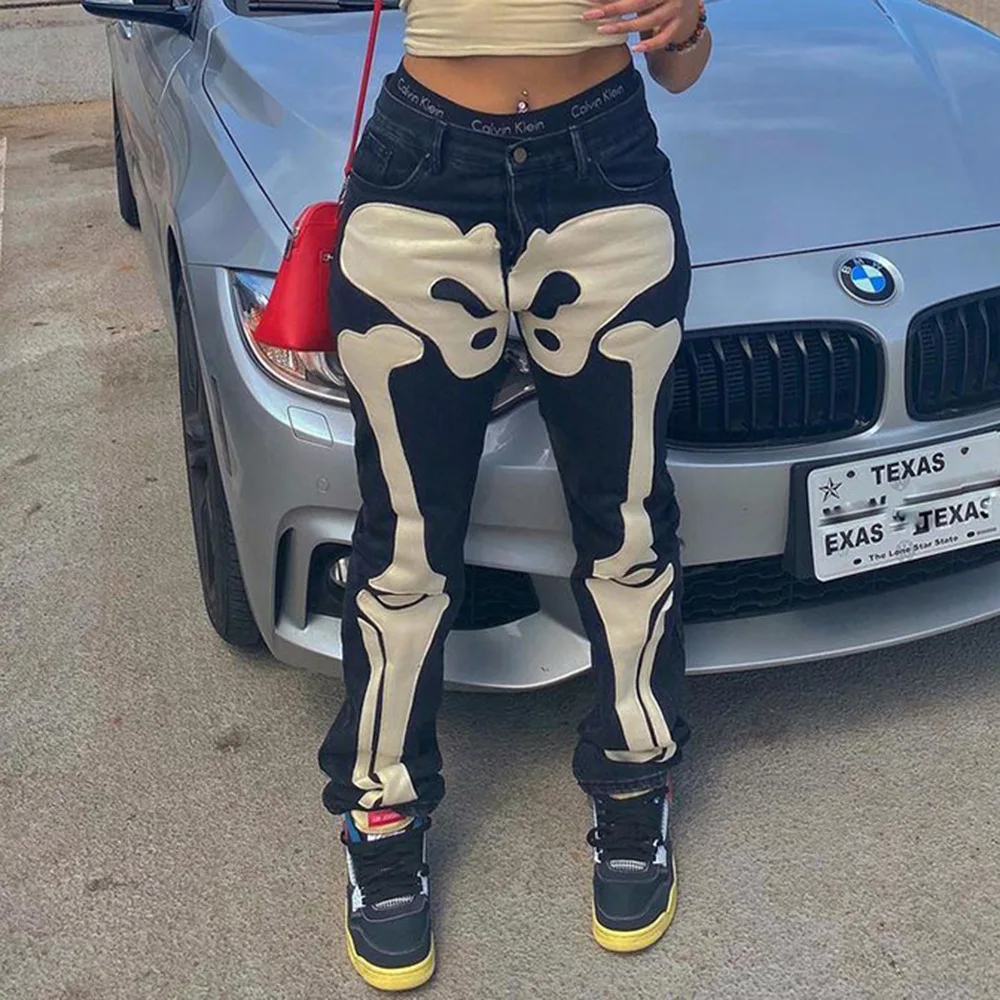 

Halloween Skull Skeleton Printed Jeans for Women High Waist Zipper Denim Pants Y2K Fashion Trousers Vintage Streetwear