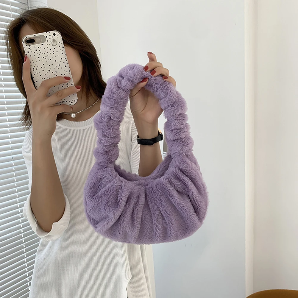

Fashion Women Plush Pleated Shoulder Underarm Bag Winter Soft Small Cloud Handbag Women's Bag 2022 Women's Brand Shoulder Bags