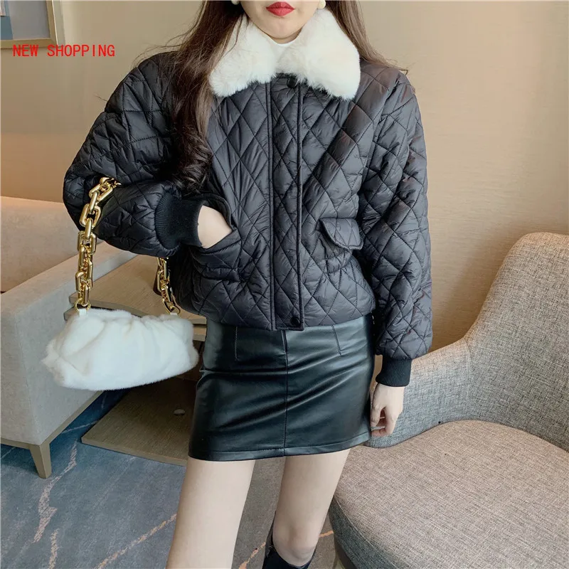 2021 Padded Plaid Argyle Parkas Women Winter Faux Fur Collar Loose Short Jackets Female Warm Oversize Coats Causal Streetwear