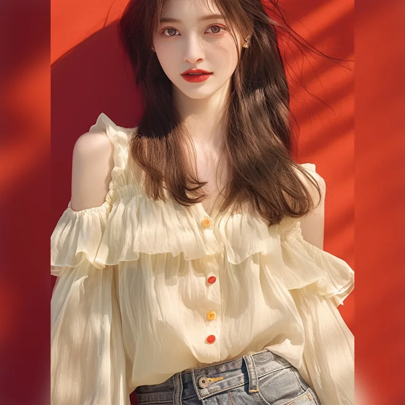 Женская рубашка с длинным рукавом V-образным вырезом и воланом