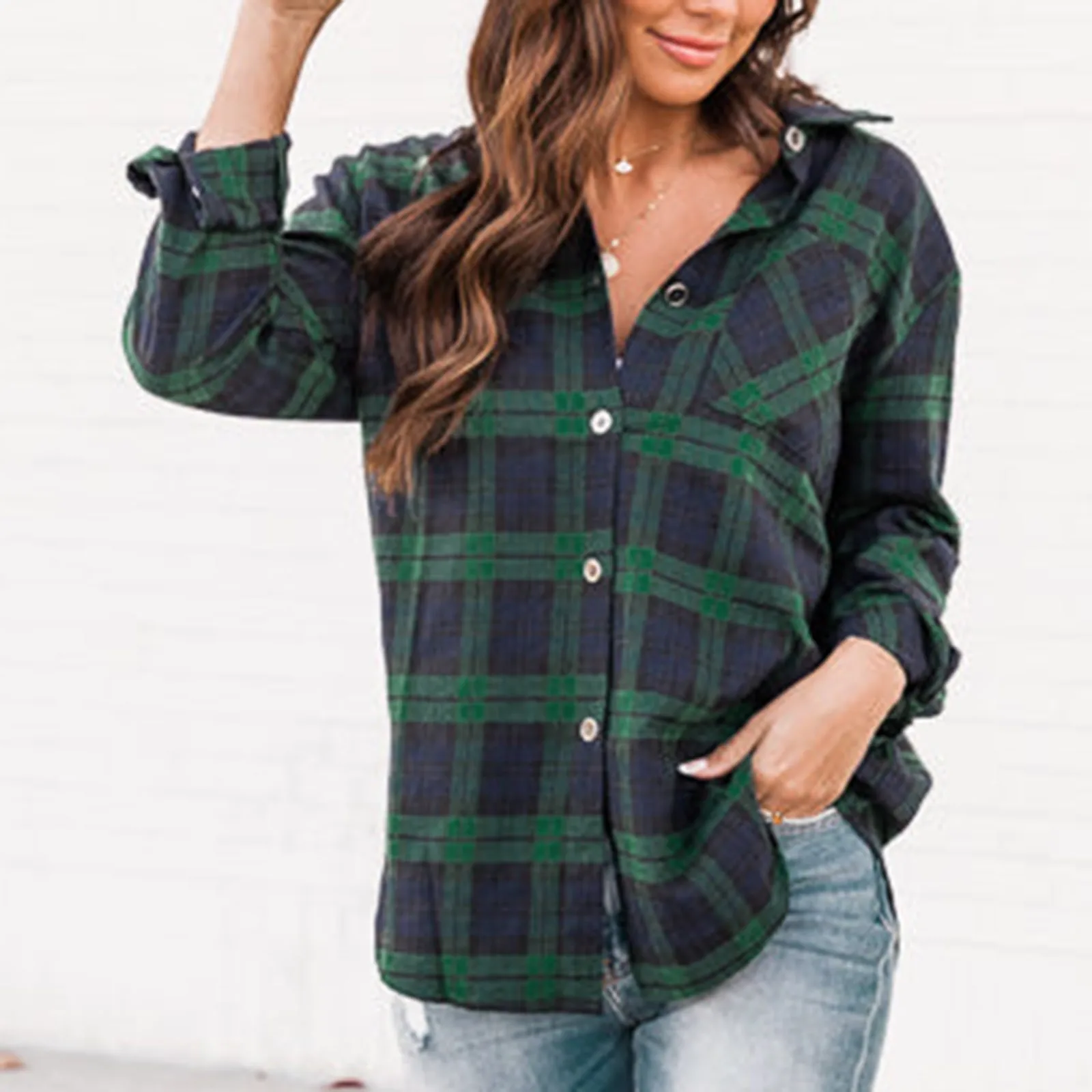 

Fashion Woman Blouses 2022 Plaid Print Thin Shirts Long Sleeve Turn Down Collar Button Pocketed Shirts Korean Style Clothes 4