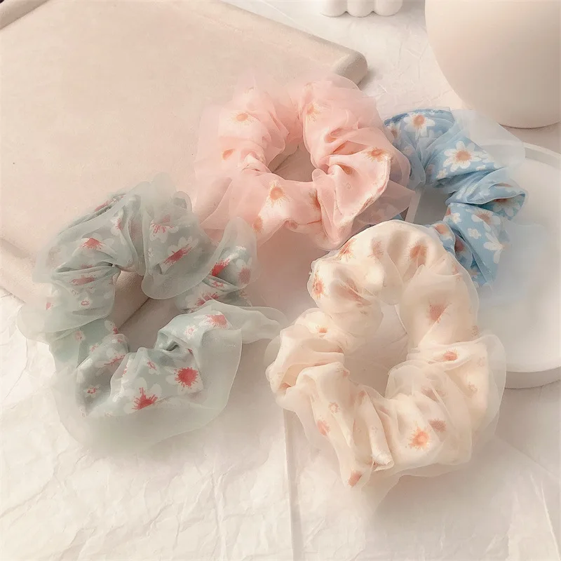 

Chiffon Large Intestine Scrunchie Flowers Double-Layer Tied Ponytail Head Rope Korean Version Of Girl Ball Head Rubber Band Hair