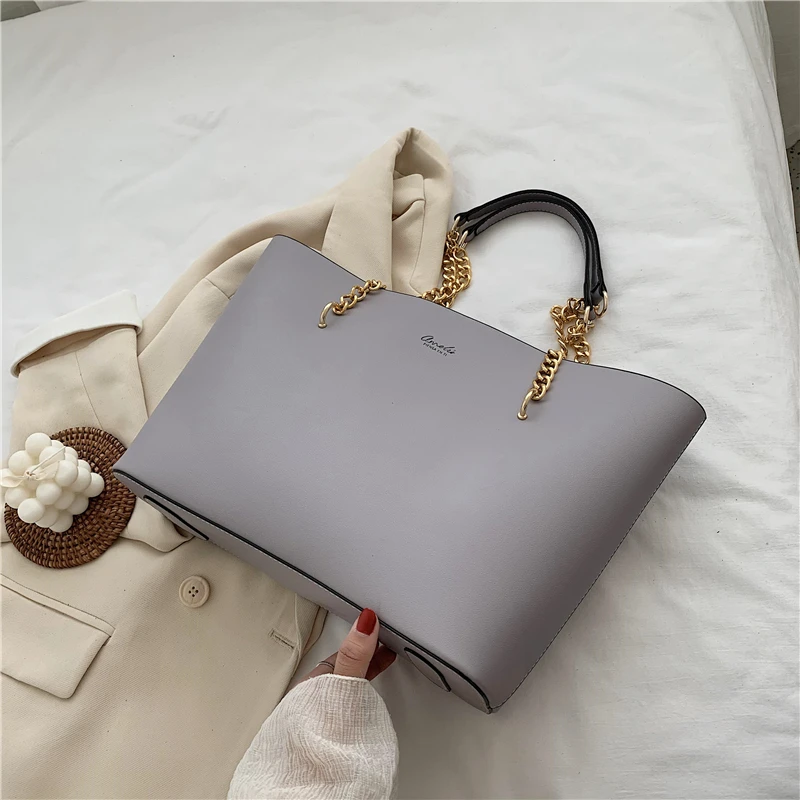 

Luxury Hand Bag Chain Design Large Capacity Tote Bag Solid Color PU Leather Shoulder Bags for Women Female Top-Handle Bag