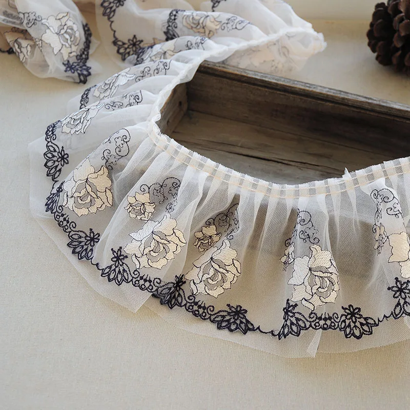 Плиссированная Тюлевая отделка двухслойная сетчатая ткань с цветочной вышивкой