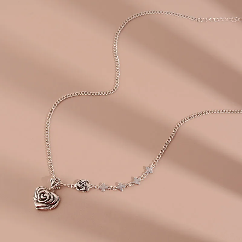 925 Silver Colour Rose Heart Chain Choker Necklace For Women Wide Fine Jewelry Wedding Party Birthday Gift