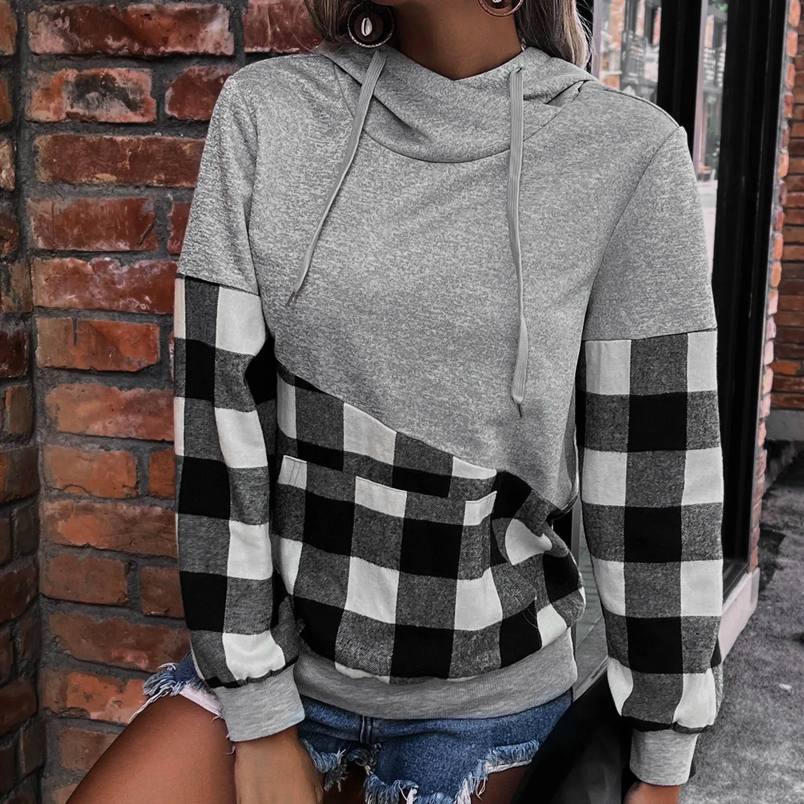 

Женский Цветной клетчатый свитер с капюшоном, женский свитер, пуловер для женщин