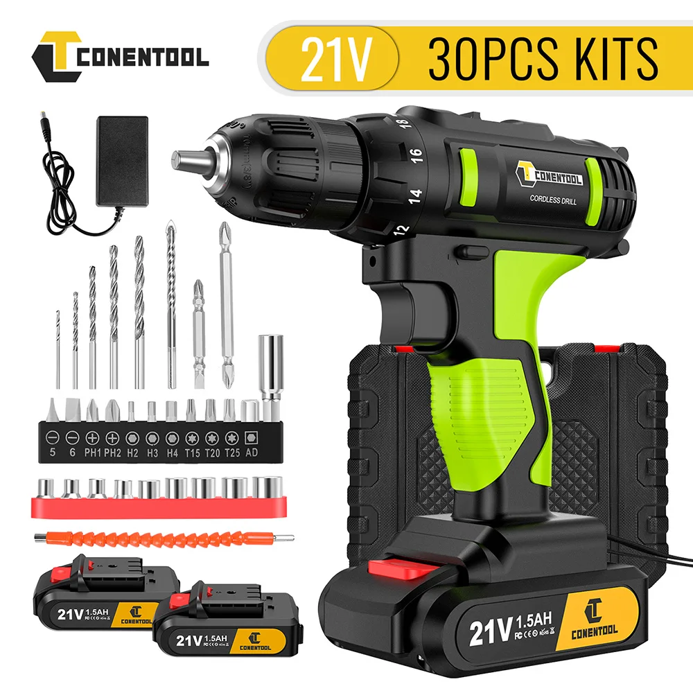 

CONENTOOL 21V Electric Screwdriver Set 30pcs 1500mah Battery Drill Cordless Rechargeable Screwdriver Torque Power Tools Kit