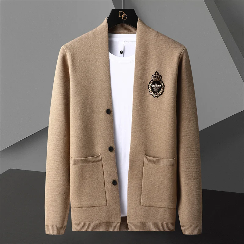 

Мужской трикотажный кардиган с вышивкой, однотонный Приталенный кардиган с длинным рукавом, 3 цвета