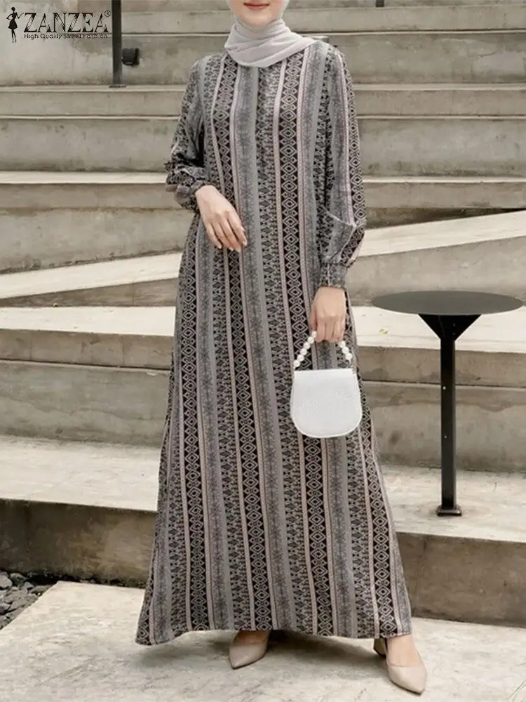 Zanzea Богемное Платье Макси Женский Хиджаб Сари Винтажные Исламские Платья С