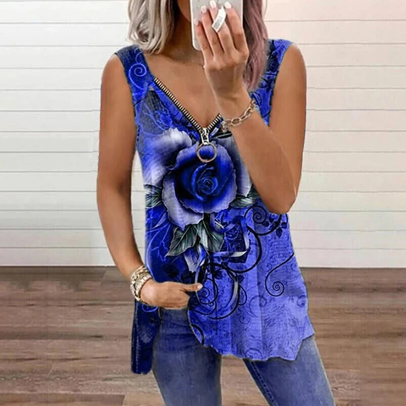 

Женские летние топы с принтом, жилеты, Свободные повседневные футболки без рукавов с V-образным вырезом, на молнии, с принтом роз, женские топ...