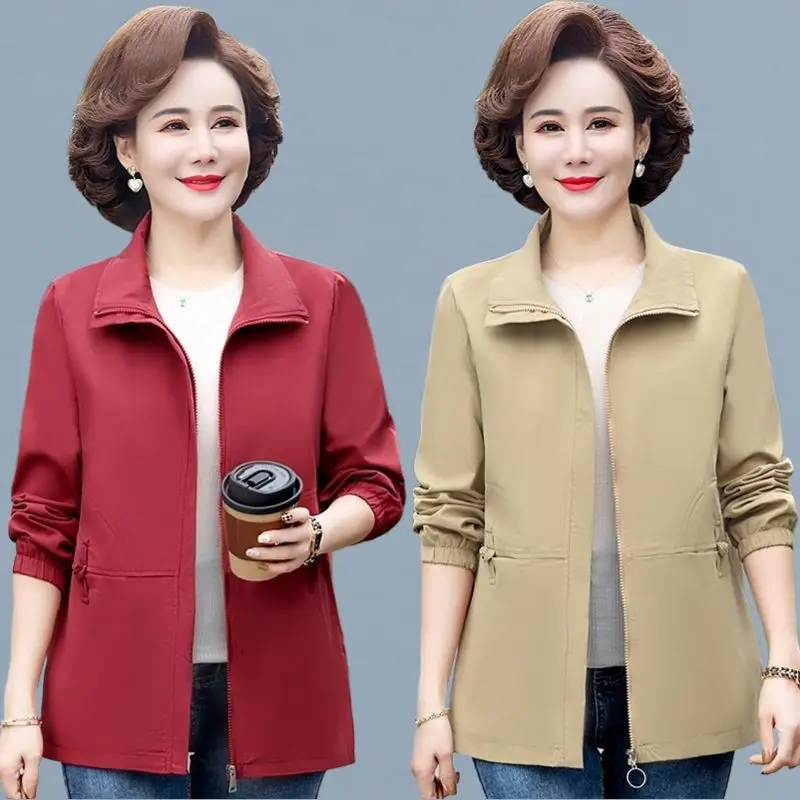 

Middle-aged and Elderly Women's Spring Autumn New Lapel Zipper Medium-long Jacket Coats Female Slim Fashion Mother Outerwear A53