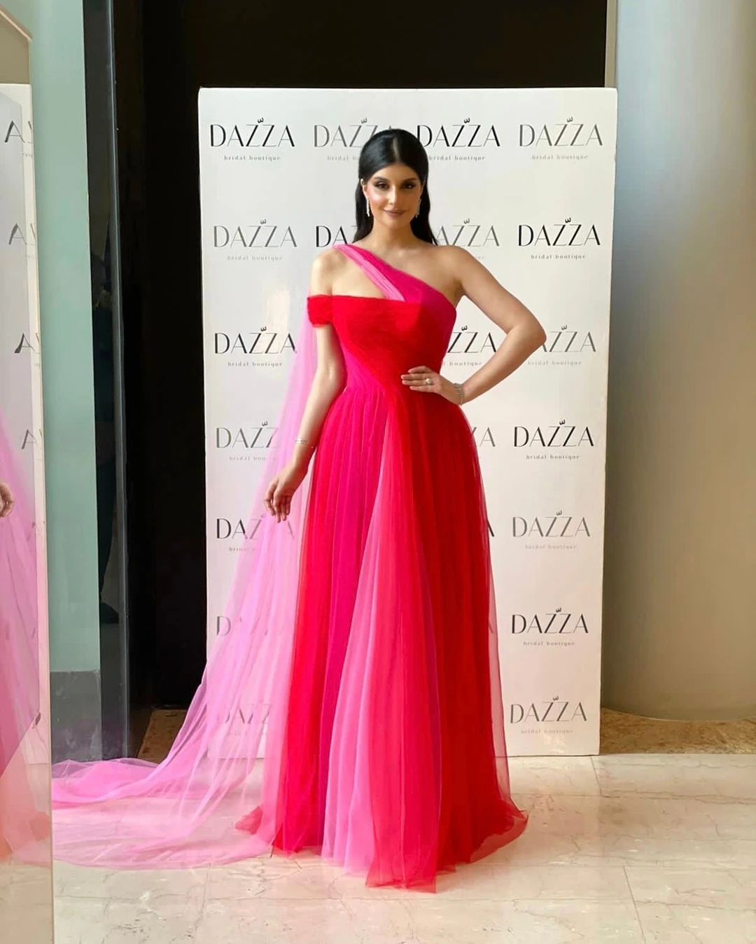Фото Booma Gradient Pink A Line Пром платья на одно плечо Тюль Формальные вечерние платья для женщин 2023 Платья для вечеринок Дубай №2
