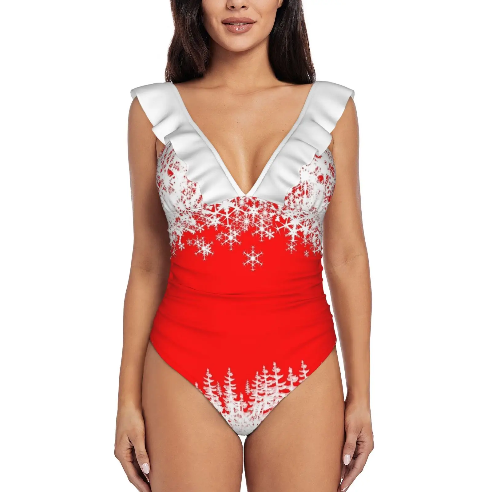 

Рождественский праздничный снежинки Санта, сексуальный цельный купальник, женский купальник с оборками, Женский монокини с принтом, женска...