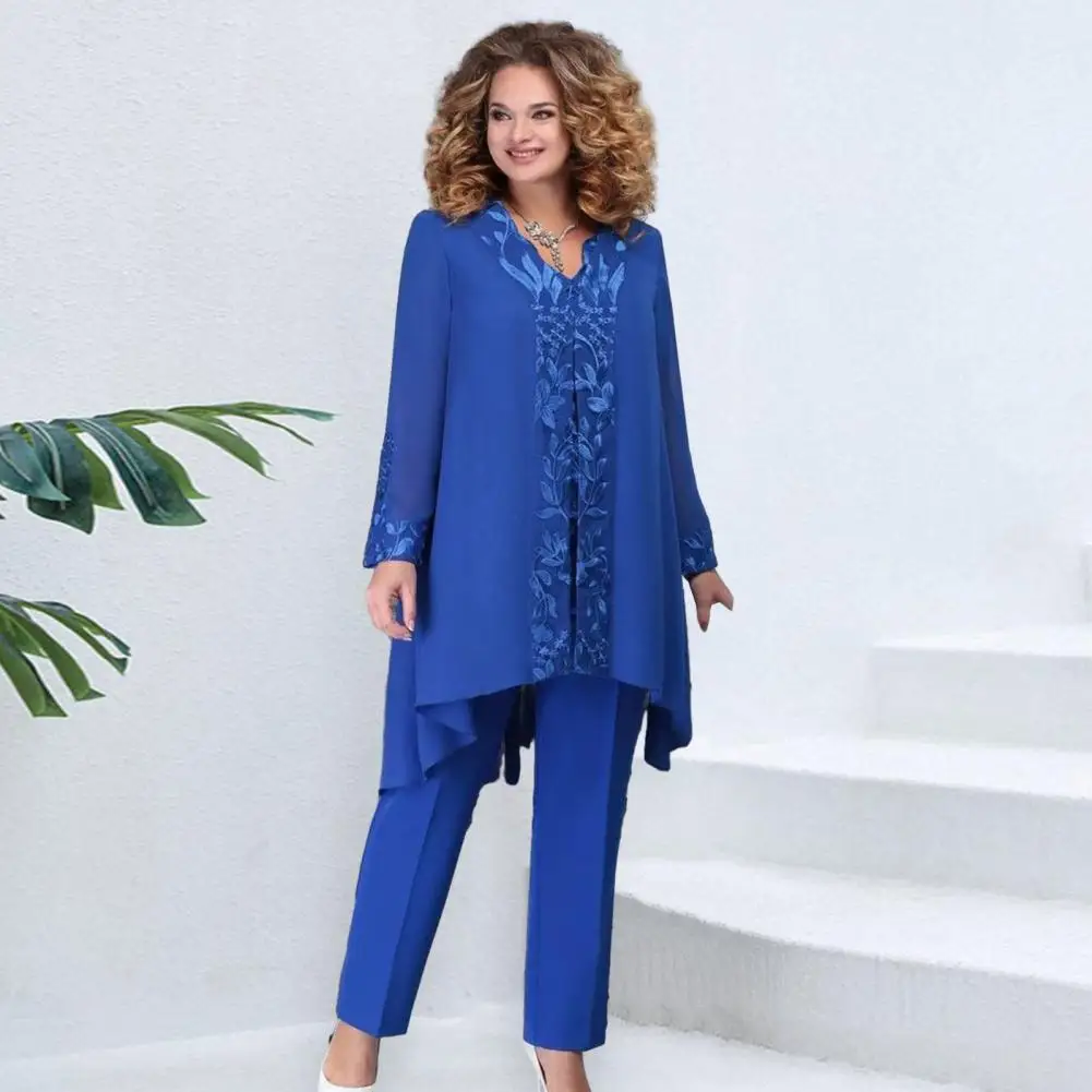 

3Pcs/Set Women Summer Suit V-Neck Fashion Embroidery Irregular Long Shirt Top Pants 3-Piece-Set SizeCasual Loose Outfit Set