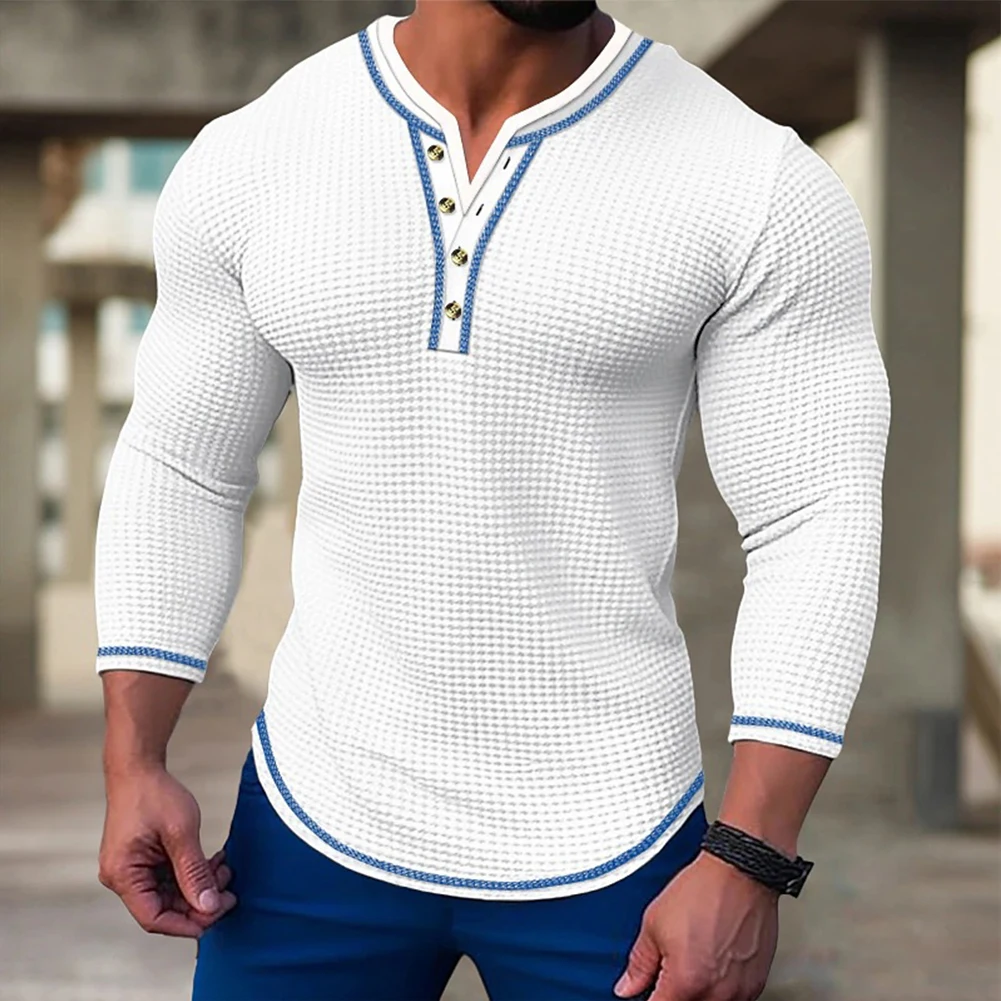 

Mens Waffler Long Sleeve V Neck Button Henley Muscle Casual Shirts Tops T-Shirt Blouse Pullover Solid Fashion Men's T-shirt