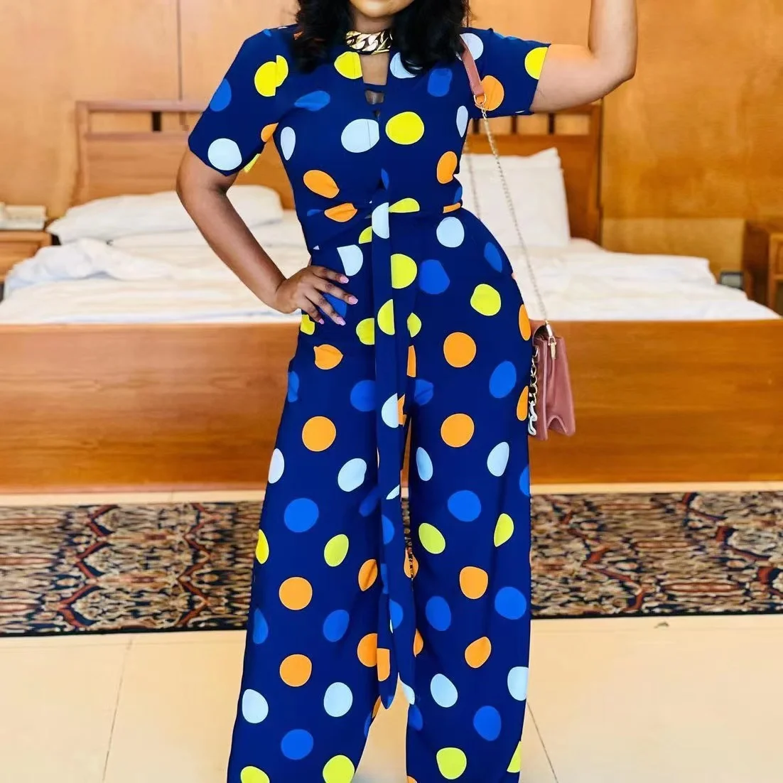 

Summer New Polka Dot Jumpsuit Women's Elegant High-Neck Short-Sleeved High-Waist Women's Loose Wide-Leg Jumpsuit Fashion Belt