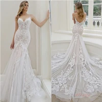 lace appliques mermaid wedding dress 2022 spaghetti straps backless bridal gown for women tulle sweep train vestidos de noiva
