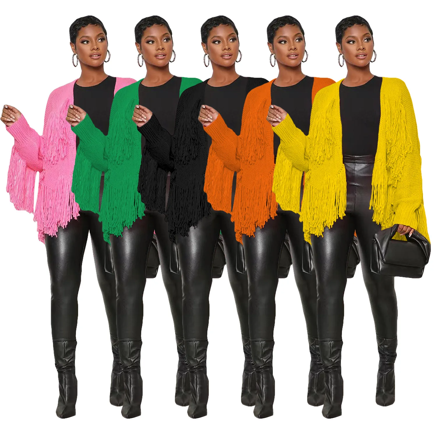 

Elegant Workout Activewear High Street Warm Thick Coat Outerwear Tassel Knitted Cardigan for Women 2023 Solid Tassel Sweater