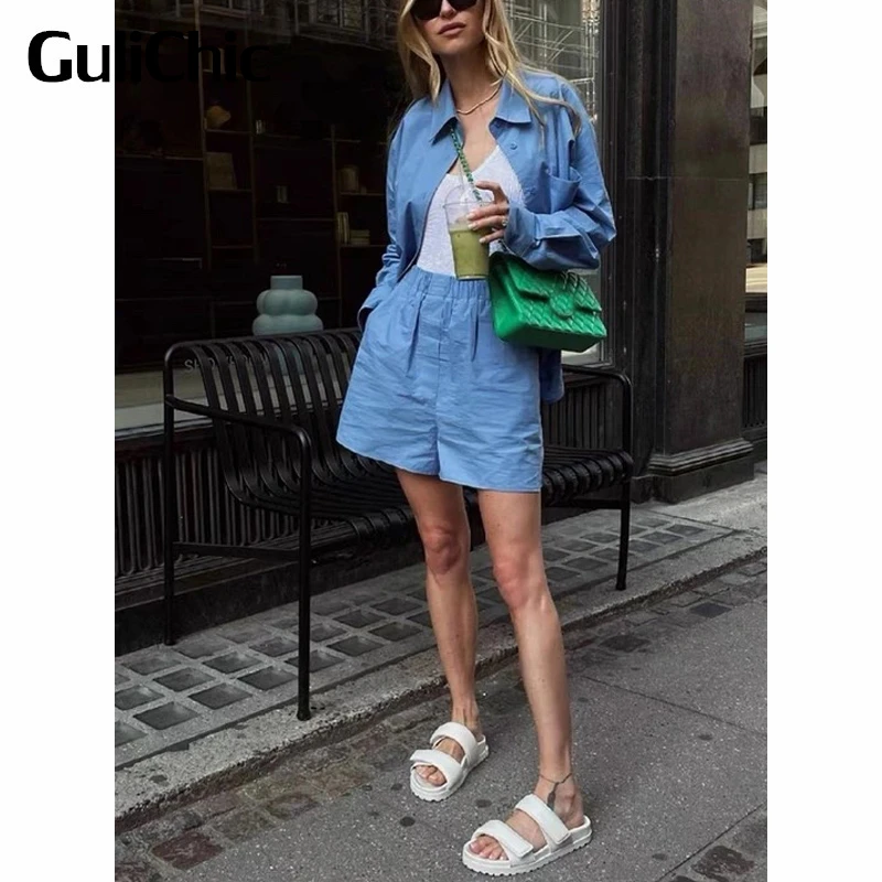 

4.25 GuliChic Women Fashion Loose Cotton Shirt + Embroidery Letter Elastic Waist Shorts Comfortable Temperament 2 Piece Set