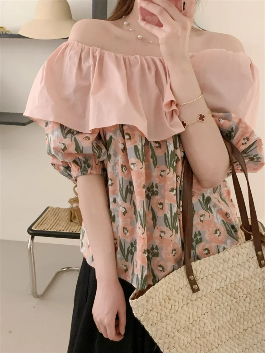 

Women Holiday Slash Neck Blouses Sexy Sweet New Romance 2022 Summer OL Fashion Printed Chic Hot Slim Casual Tops