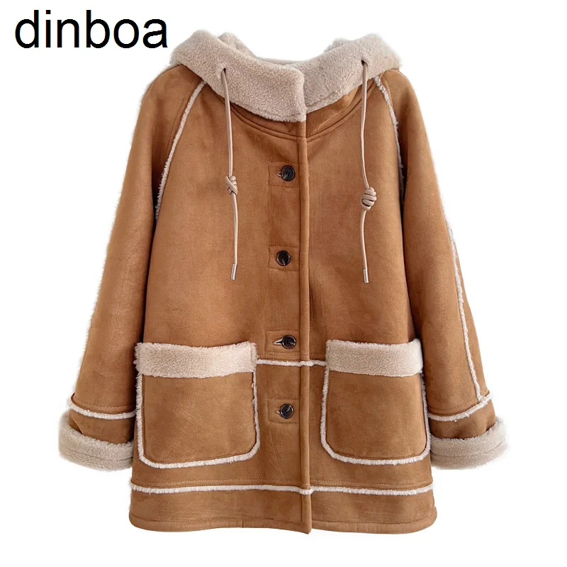 

Женское зимнее пальто с капюшоном и мехом ягненка, средней длины