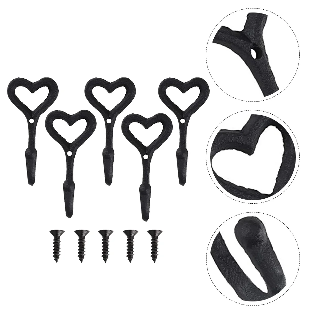 

5Pcs Heart Hooks Coats Hanging Hooks Rustic Key Hanger Simple Black Hooks