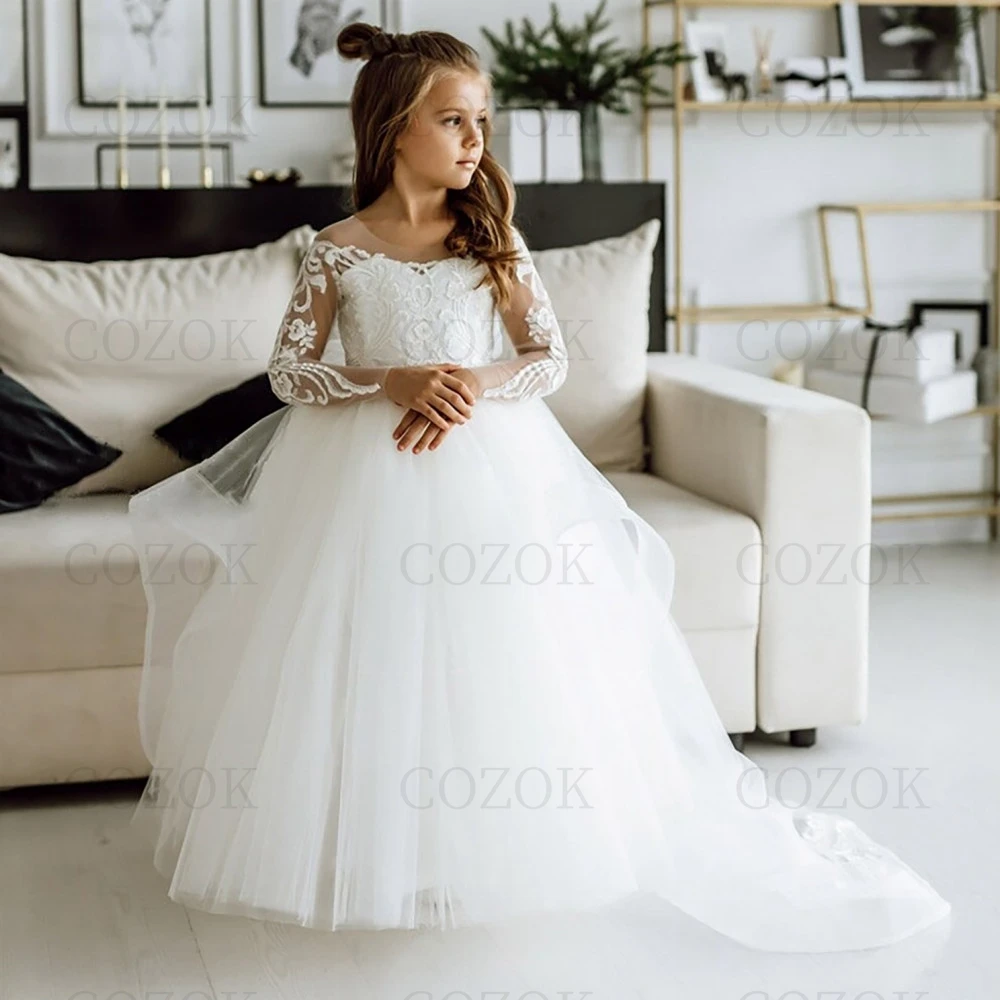 

Белое Тюлевое платье в стиле бохо с цветочным принтом для девочек, свадебное платье с глубоким круглым вырезом и кружевной аппликацией, детское платье для причастия, платье с длинным рукавом, свадебное платье