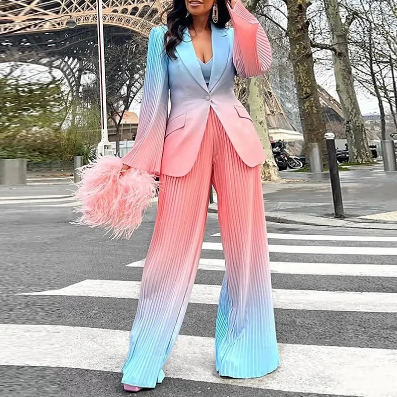 

Элегантный женский брючный костюм из двух предметов, кардиган с отложным воротником и длинными рукавами, облегающие брюки с градиентом, ком...