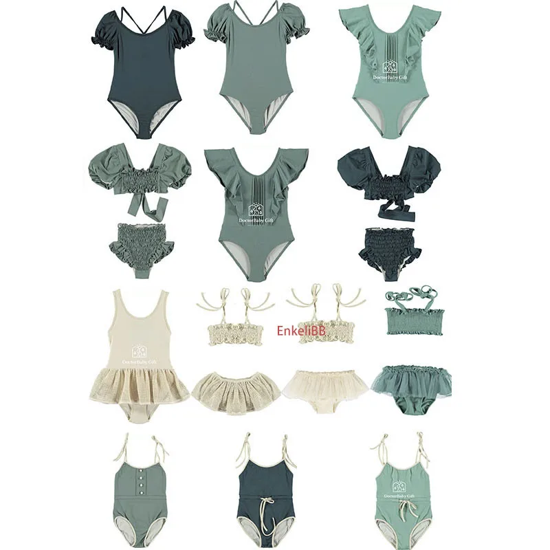 

EnkeliBB, Летние красивые купальные костюмы для маленьких девочек, детская дизайнерская одежда для плавания, Детская однотонная плавательная одежда зеленого цвета