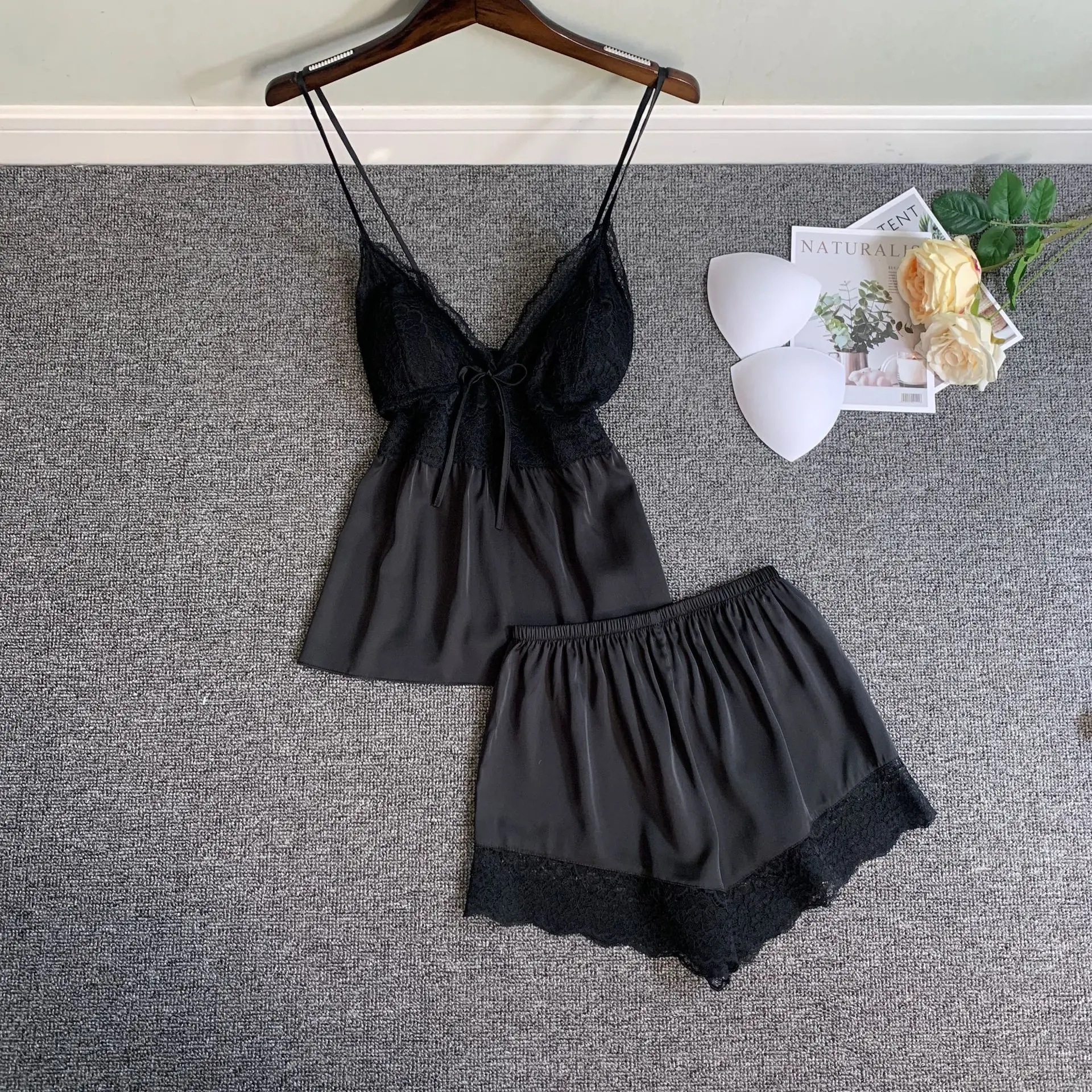 Women Pajamas Suit With Bow Sexy Lace Strap Top&Shorts Summer Sleeveless 2PCS Sleepwear Female Sleep Set Casual Home Clothes