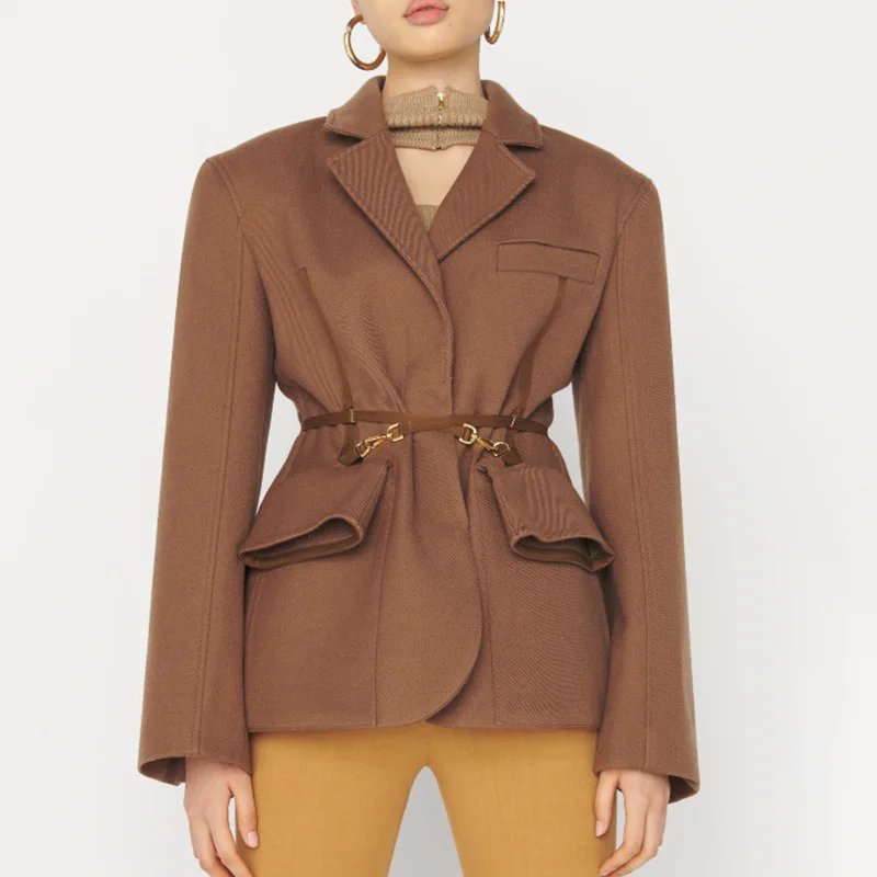 

New Fashion Woolen Women's Coat 2022 Spring Style Belt Stitching Design Short Suit Notched Causual Women Suit