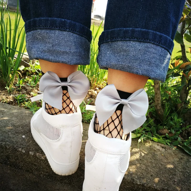 Женские дышащие черные ажурные носки в стиле Харадзюку с бантом сексуальные