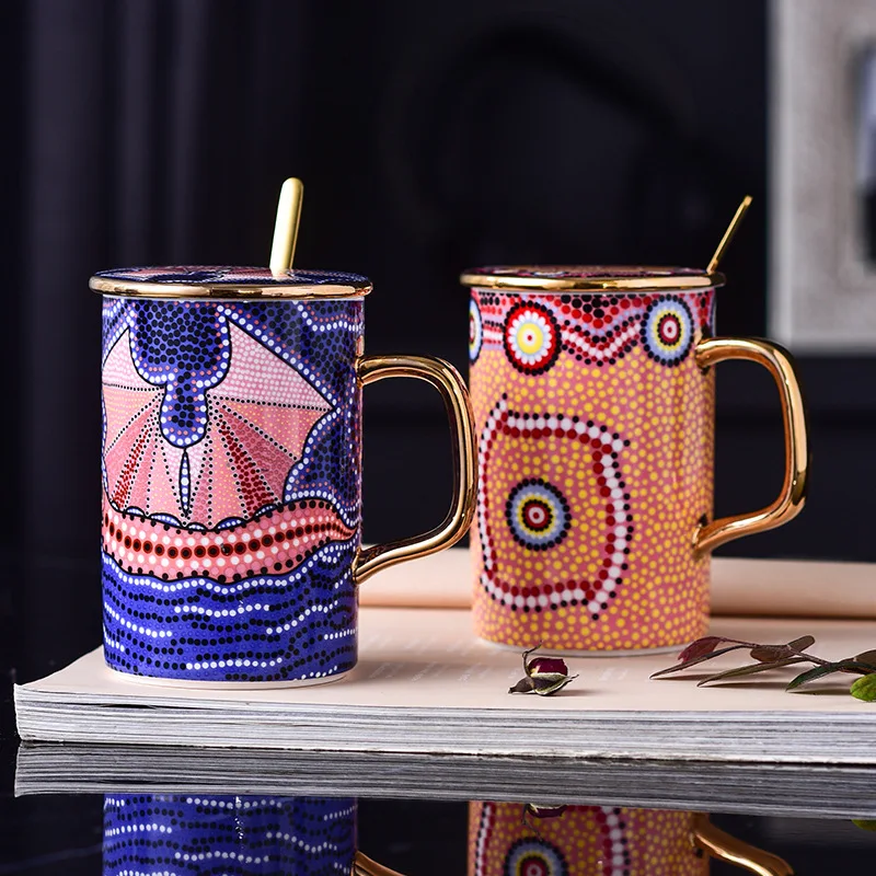 

Bohemia European-style Mugs with Lid Luxury Milk Cup with Spoon Ceramic Coffee Cups 400ml High-end Water Mugs Optional Gift Box