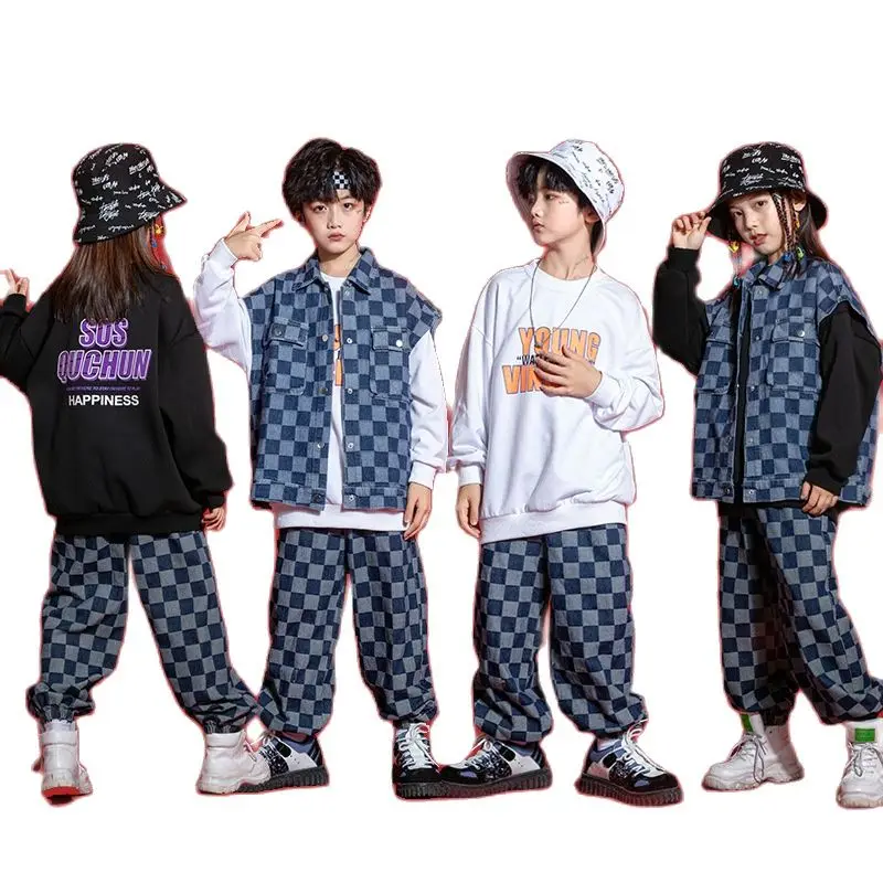 

Teenager Fashion Spring New Streetswear Clothing Set Boys Girls Checkerboard Denim Vest Outerwear + Sweatshirt + Jeans 3pcs Suit