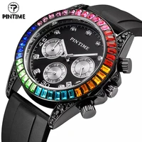 pintime luxury men quartz watch full diamond side bezel hip hop colorful chronograph silicone watches man clock male wristwatch
