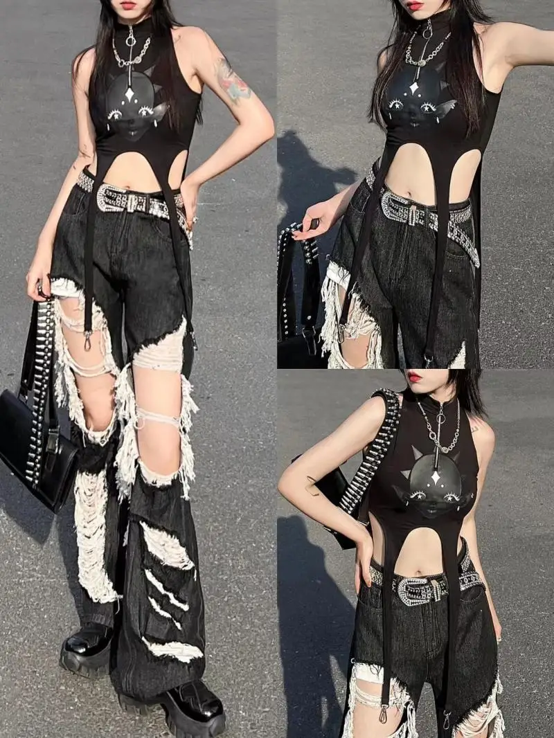 New All-Match Y2k Distressed Women Broken Hole Jeans High Street Hip Hop High Waist Straight Loose Trousers Washed Mopping Pants