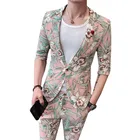 Мужской костюм с цветочным принтом, пиджак с полурукавами и брюки, облегающий пиджак с цветочным принтом, комплект из 2 предметов, лето 2020