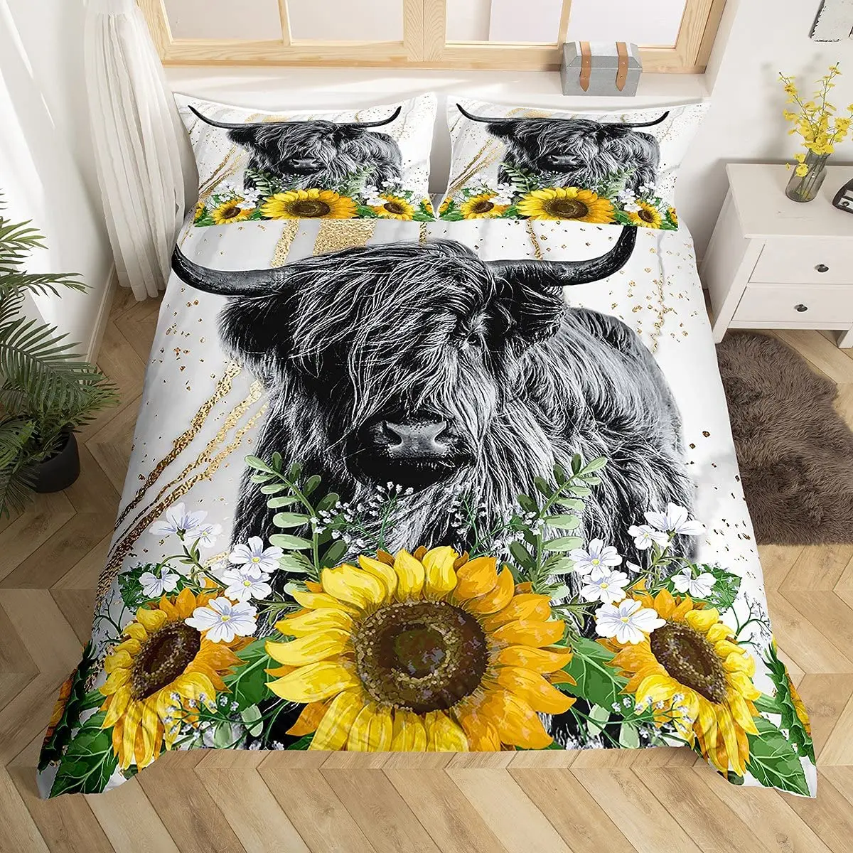Highland Cow Sunflower Duvet Cover Set Full,Bull Cattle Smoky Mountain Bedding Set Western Animal Farmhouse Cow Comforter Cover