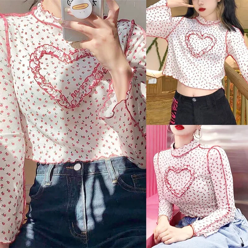 

Girl Aesthetics Floral Stitch Heart Cropped Tops Fashion Ruffles Long Sleeve T-Shirts Sweet Vintage Outfits Slim