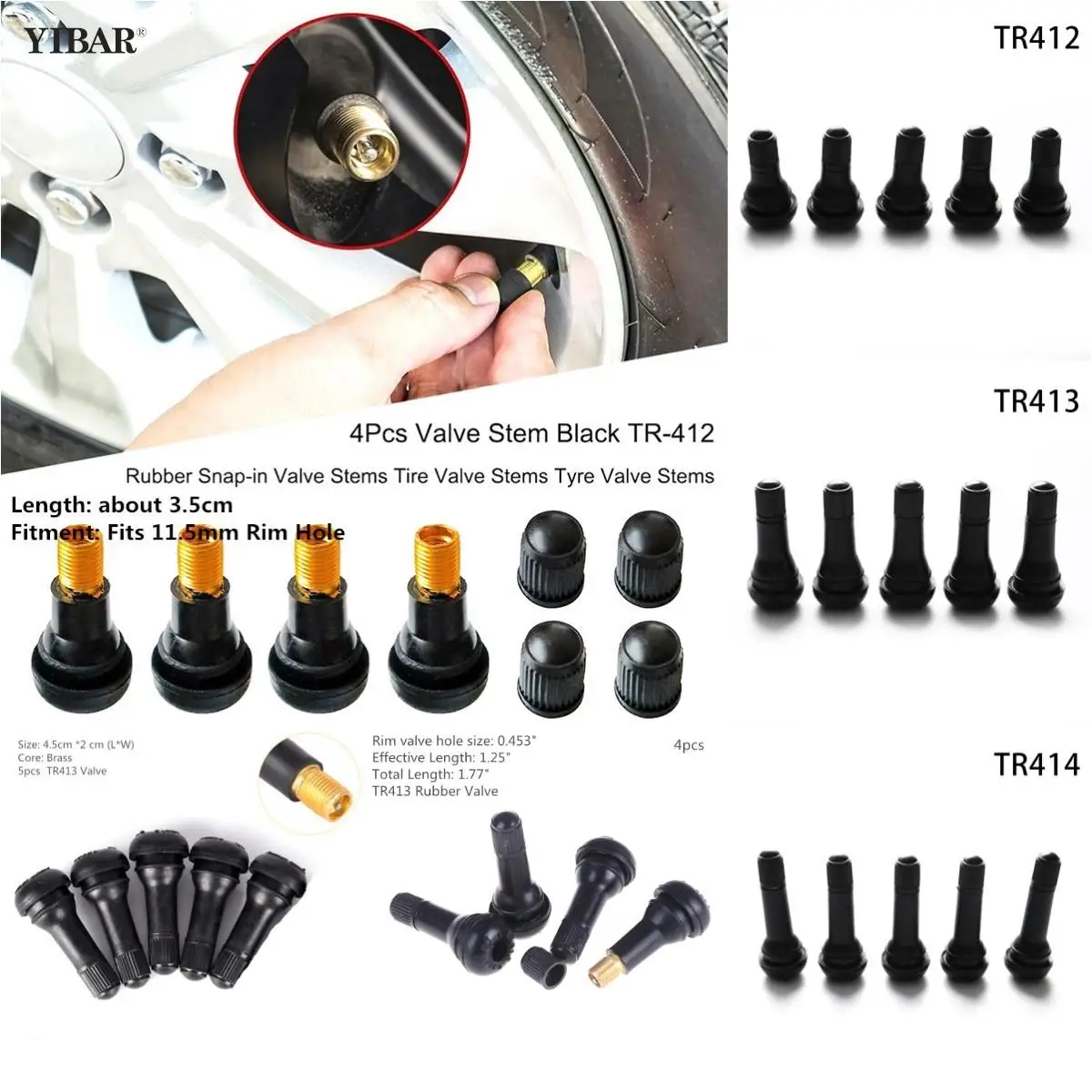 

5pcs/4pcs/1Pcs Black Rubber TR412 TR413 TR414 Snap-in Car Wheel Tyre Tubeless Tire Tyre Valve Stems Dust Caps Wheels Tires Parts