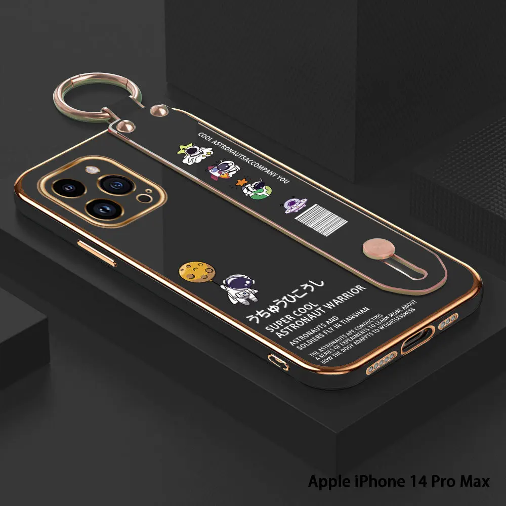

(With Wristband) For iPhone XS Max XR 8 7 Plus 6 6S SE 2022 Cartoon Astronaut Pattern Back Cover Luxury Plating TPU Phone Case