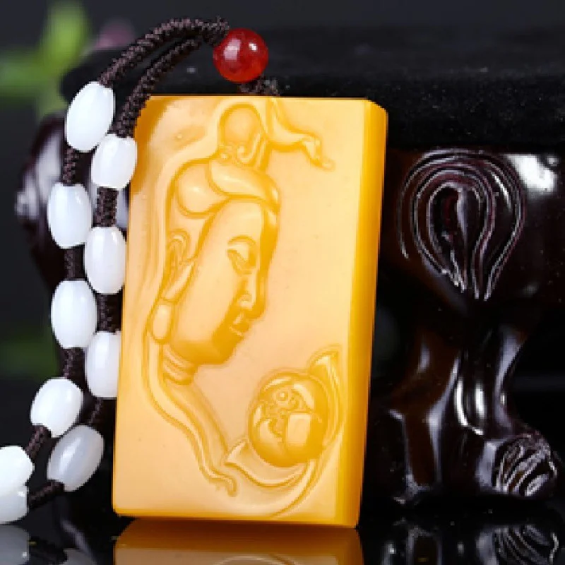 

Ожерелье с подвеской из натурального желтого нефрита, Ювелирное Украшение в китайском стиле, резной амулет бодхисаттвы, подходит для женщин и мужчин