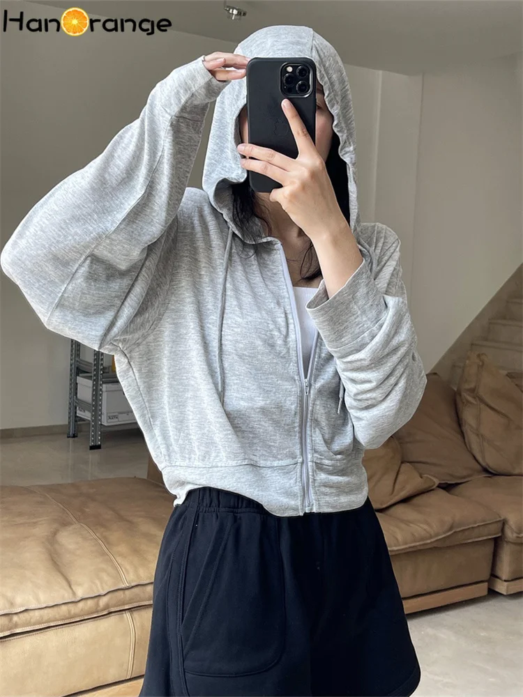 

HanOrange 2022 Summer Casual Hooded Sunscreen Jacket Women High Waist Short Light Thin Breathable Outwear Top Female Gray/black