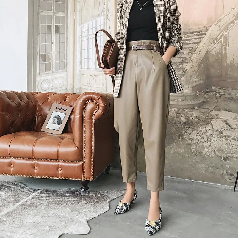 

Women's Sheepskin Leather Pants Spring Slim Pants Office Lady Pencil Pants Black Ladies Skinny Sheepskin Leather Pants